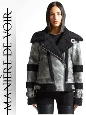 💥HOT ITEM!💥Shearling Aviator Leather Jacket in Black & Marble